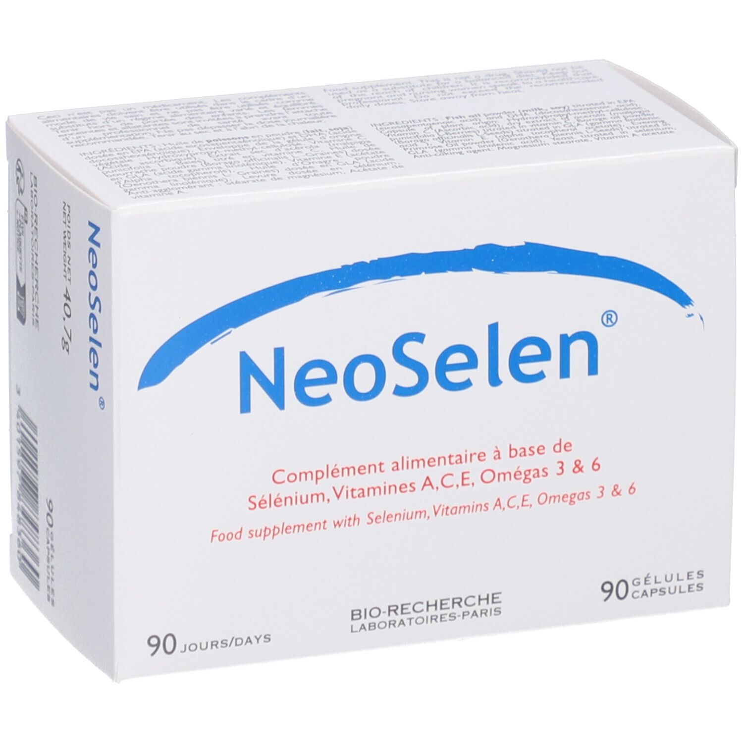 Boîte blanche avec logo "NeoSelen" et arc bleu. Contient 90 gélules. Informations produit en français et anglais.