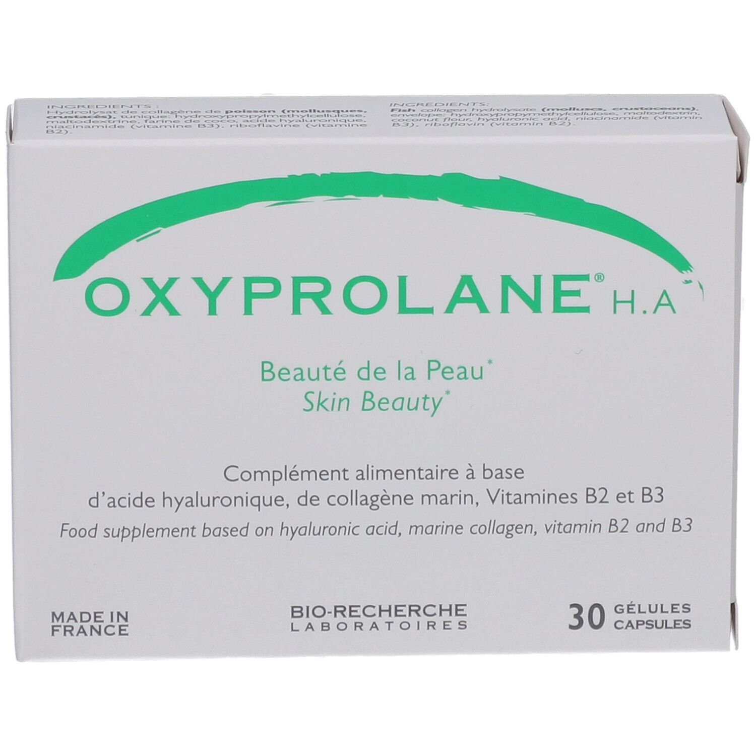 Boîte Oxyprolane H.A. avec logo vert. Contient 30 gélules. Contient acide hyaluronique, collagène marin, vitamines B2 et B3. Fabriqué en France.