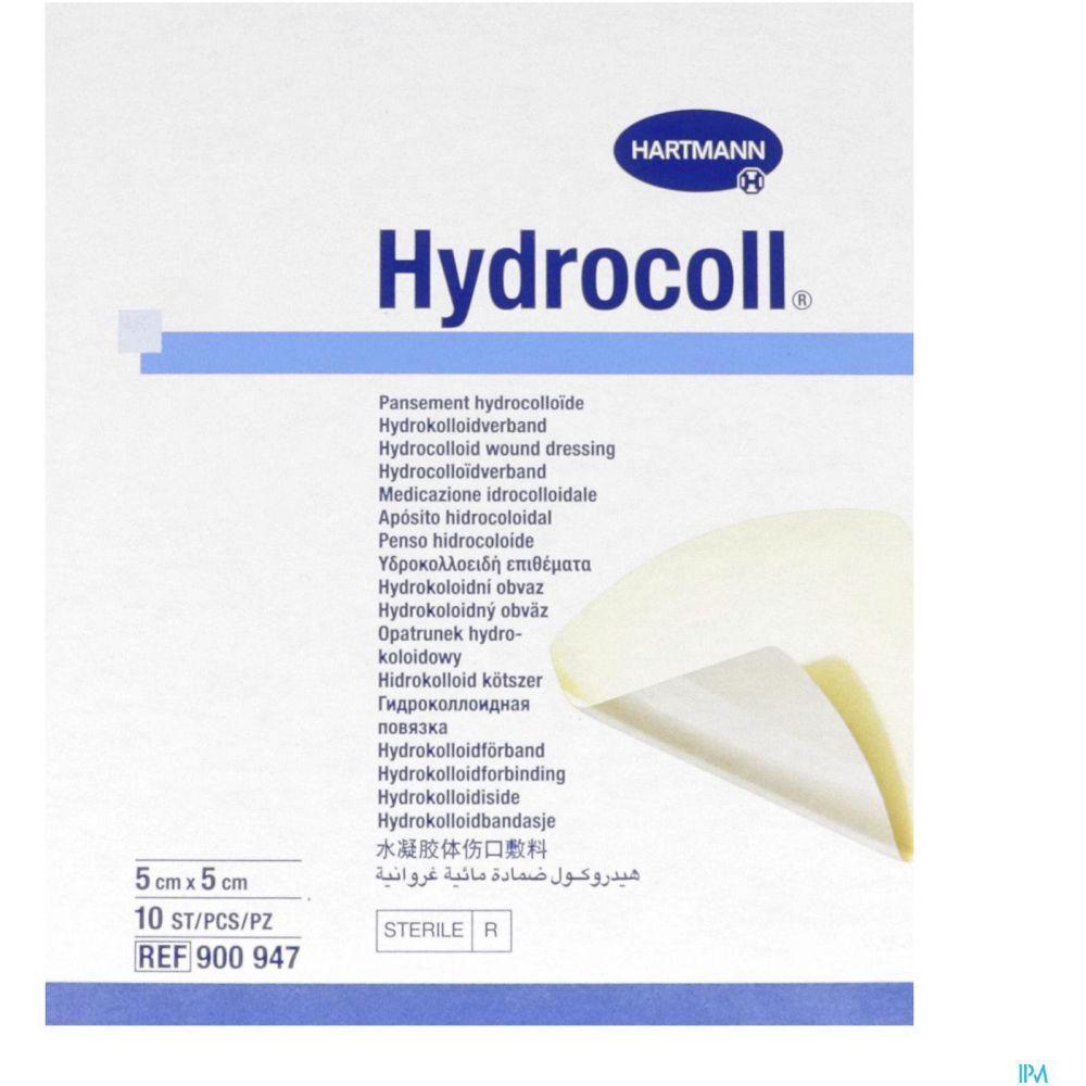 Pansement Hartmann Hydrocoll®, 5 x 5 cm. Informations produit et dimensions sur l'emballage. Stérile.