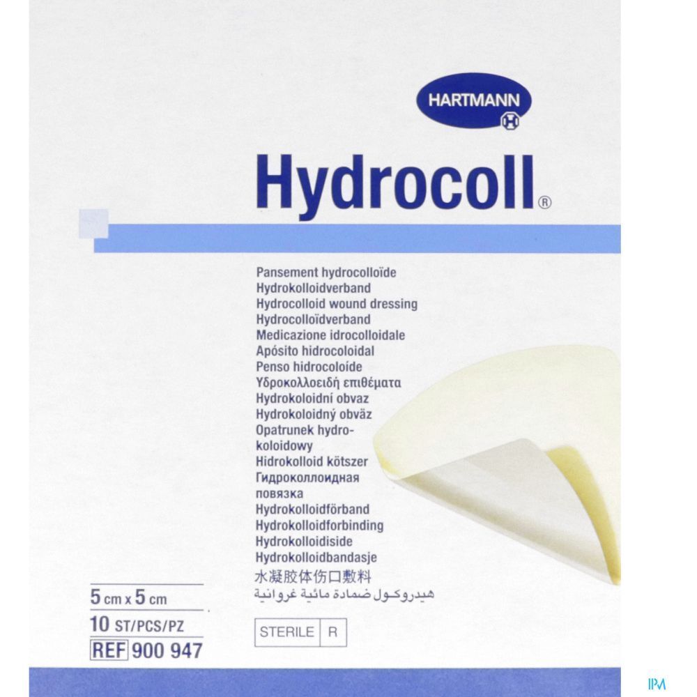 Pansement Hartmann Hydrocoll®, 5 x 5 cm. Informations produit et dimensions sur l'emballage. Stérile.