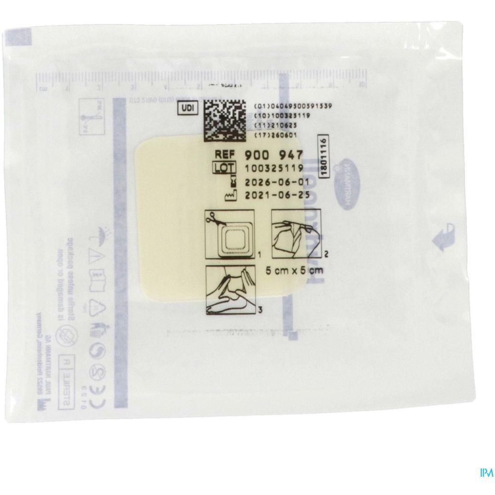 Pansement Hartmann Hydrocoll® emballé individuellement. Dimensions : 5 x 5 cm. Instructions.