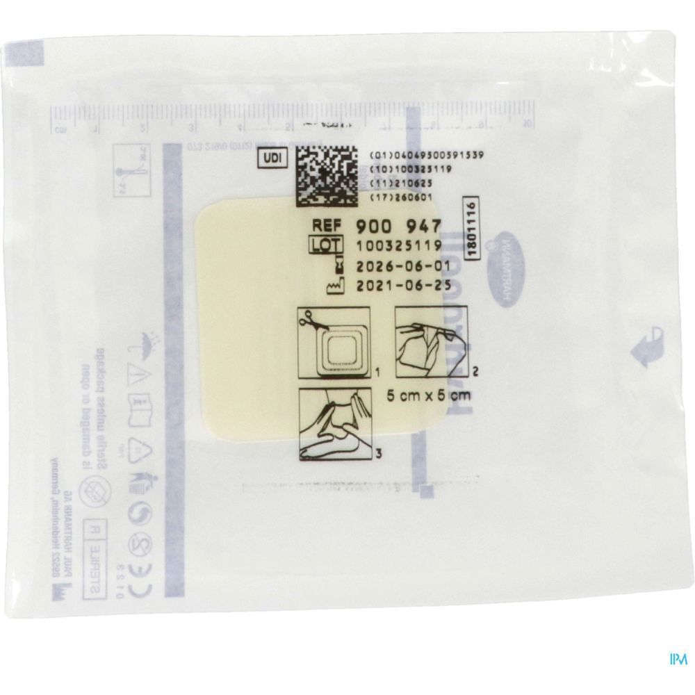 Pansement Hartmann Hydrocoll® emballé individuellement. Dimensions : 5 x 5 cm. Instructions.