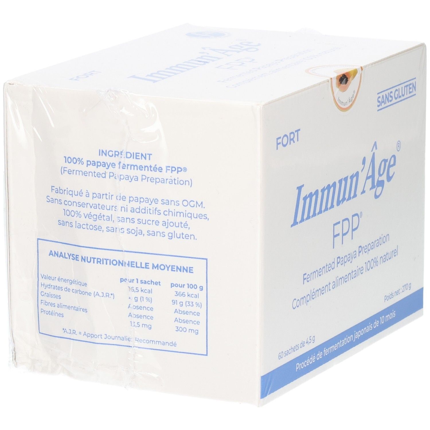 Immun'Âge FPP Fort: Liste des ingrédients et analyse nutritionnelle pour préparation de papaye fermentée.