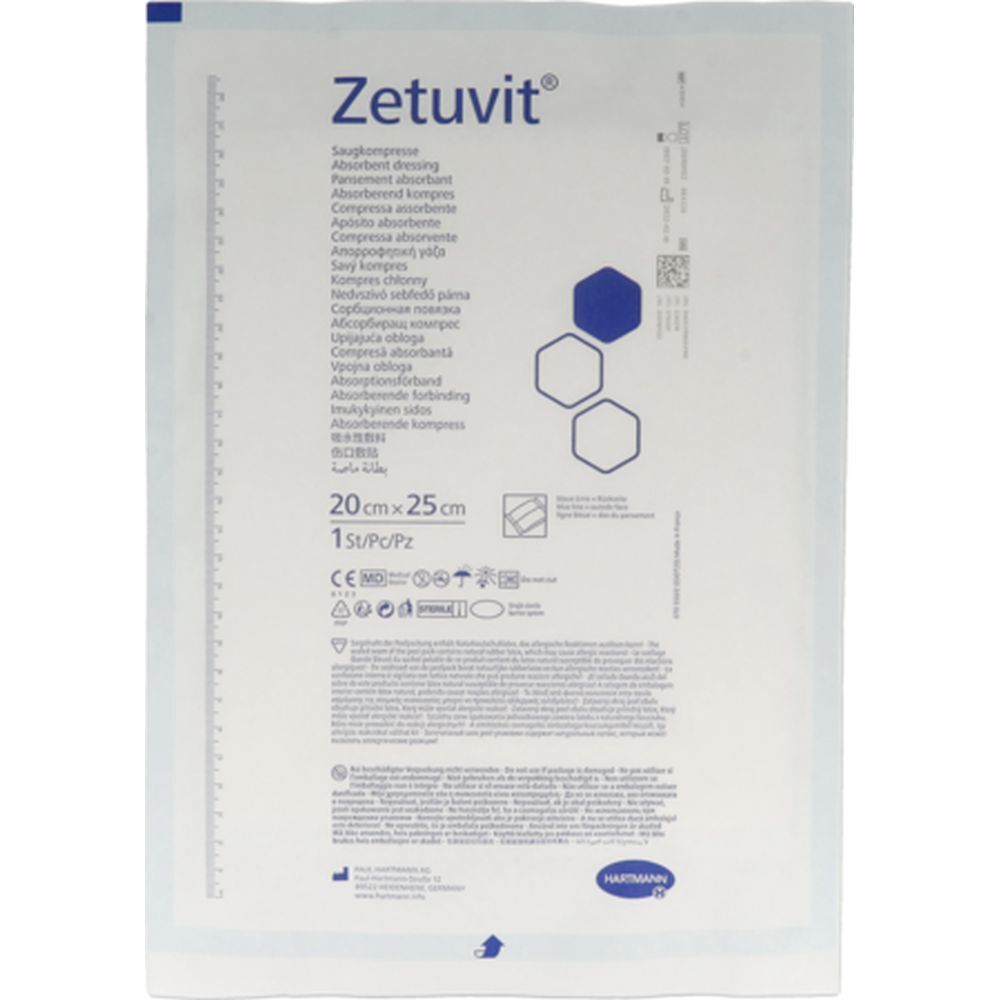 Emballage Hartmann Zetuvit® 20x25 cm. 1 pièce. Nom du produit et taille visibles. Logo Hartmann en bas à droite.