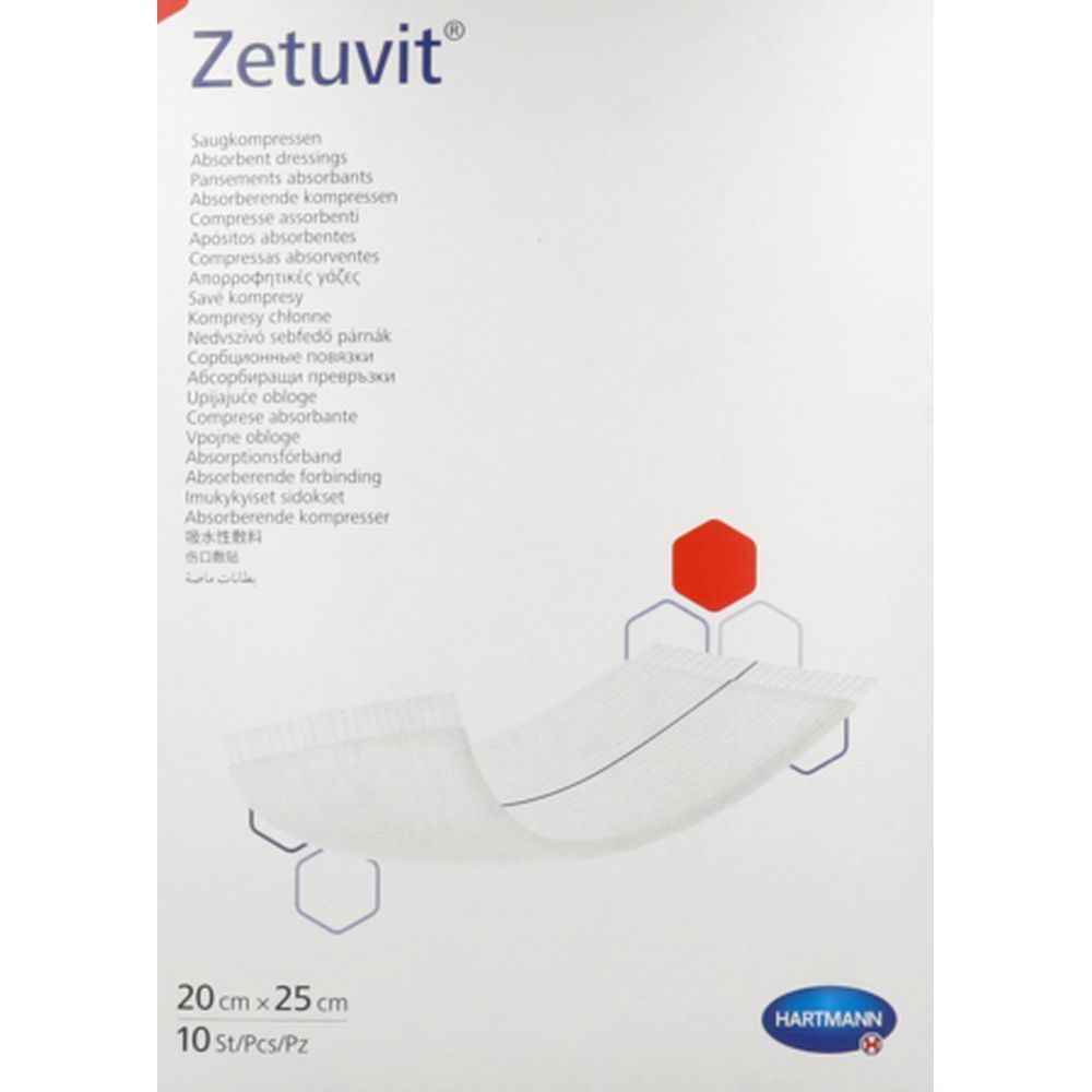 Paquet Hartmann Zetuvit® de 10 pièces. Nom du produit et taille 20x25 cm visibles. Logo Hartmann en bas à droite. Compresse ouverte.