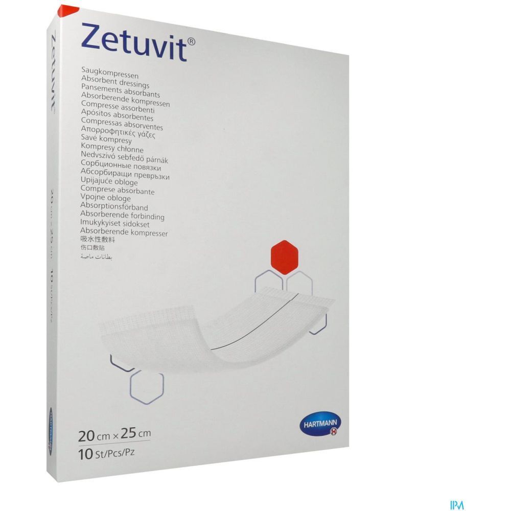 Paquet Hartmann Zetuvit® de 10 pièces. Nom du produit et taille 20x25 cm visibles. Logo Hartmann en bas à droite. Emballage avec compresses.