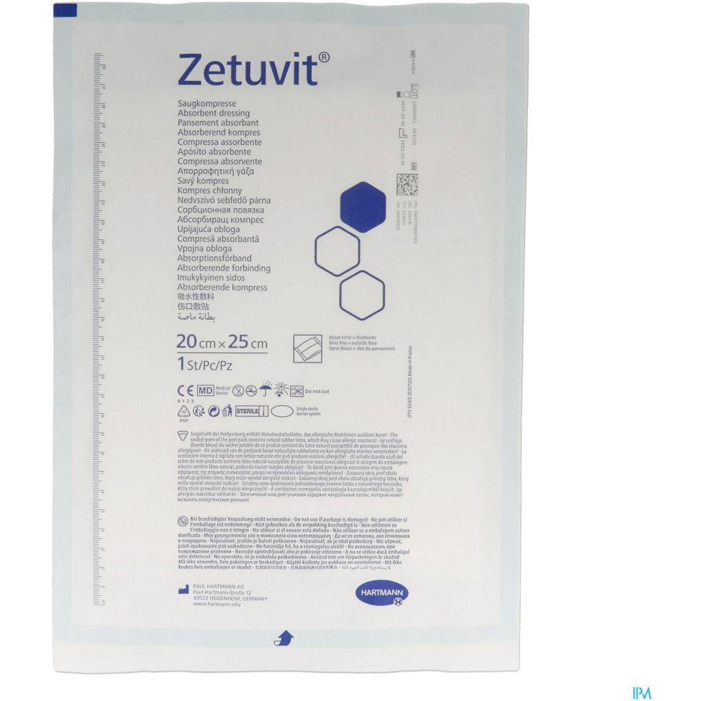 Emballage Hartmann Zetuvit® 20x25 cm. 1 pièce. Nom du produit et taille visibles. Logo Hartmann en bas à droite.