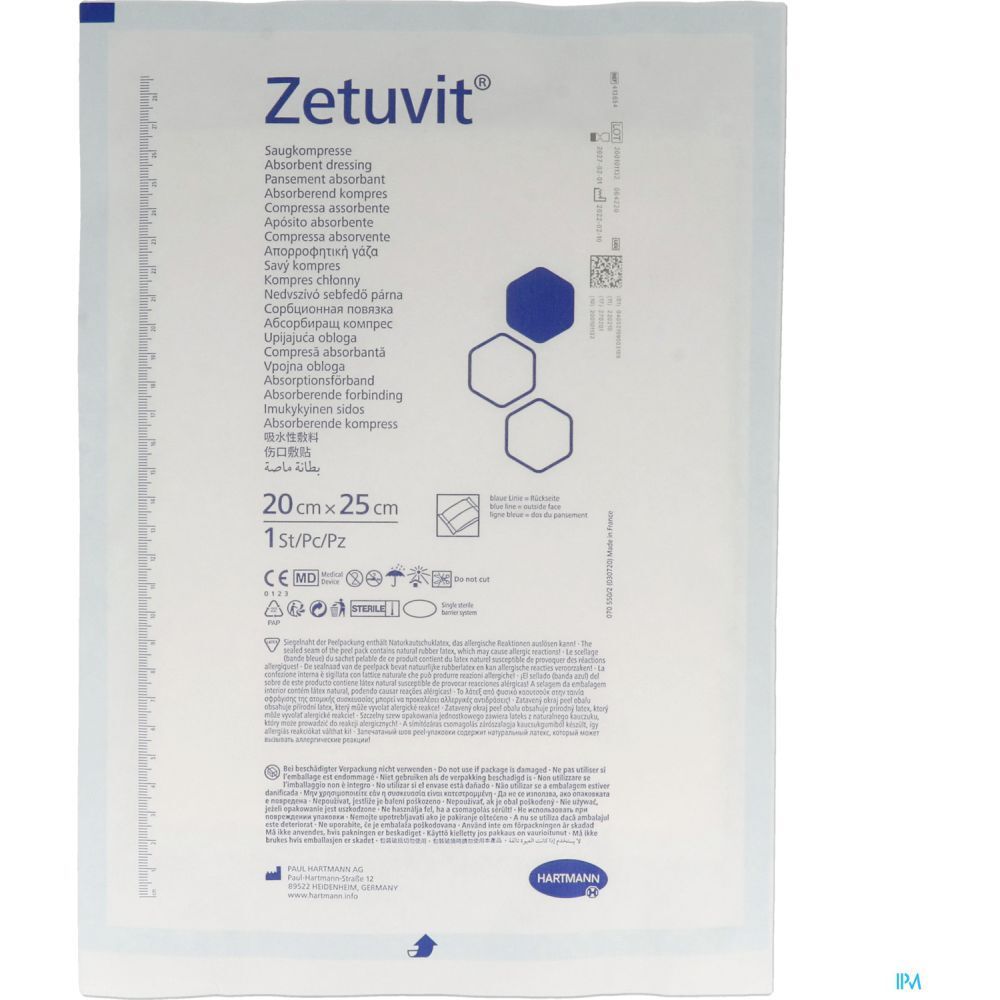 Emballage Hartmann Zetuvit® 20x25 cm. 1 pièce. Nom du produit et taille visibles. Logo Hartmann en bas à droite.