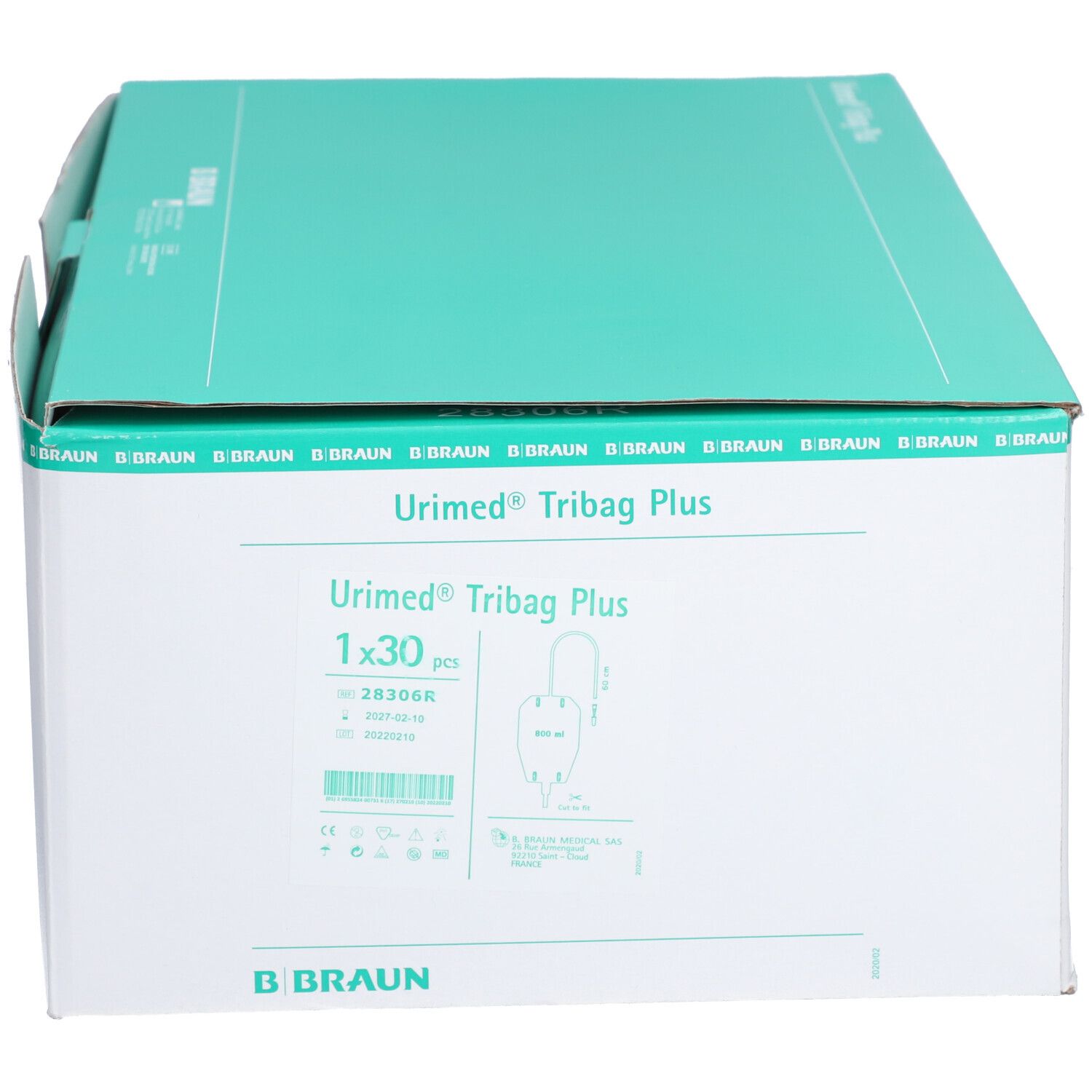 Boîte URIMED TRIBAG PLUS. Emballage vert et blanc avec nom du produit, logo B. Braun et illustration.