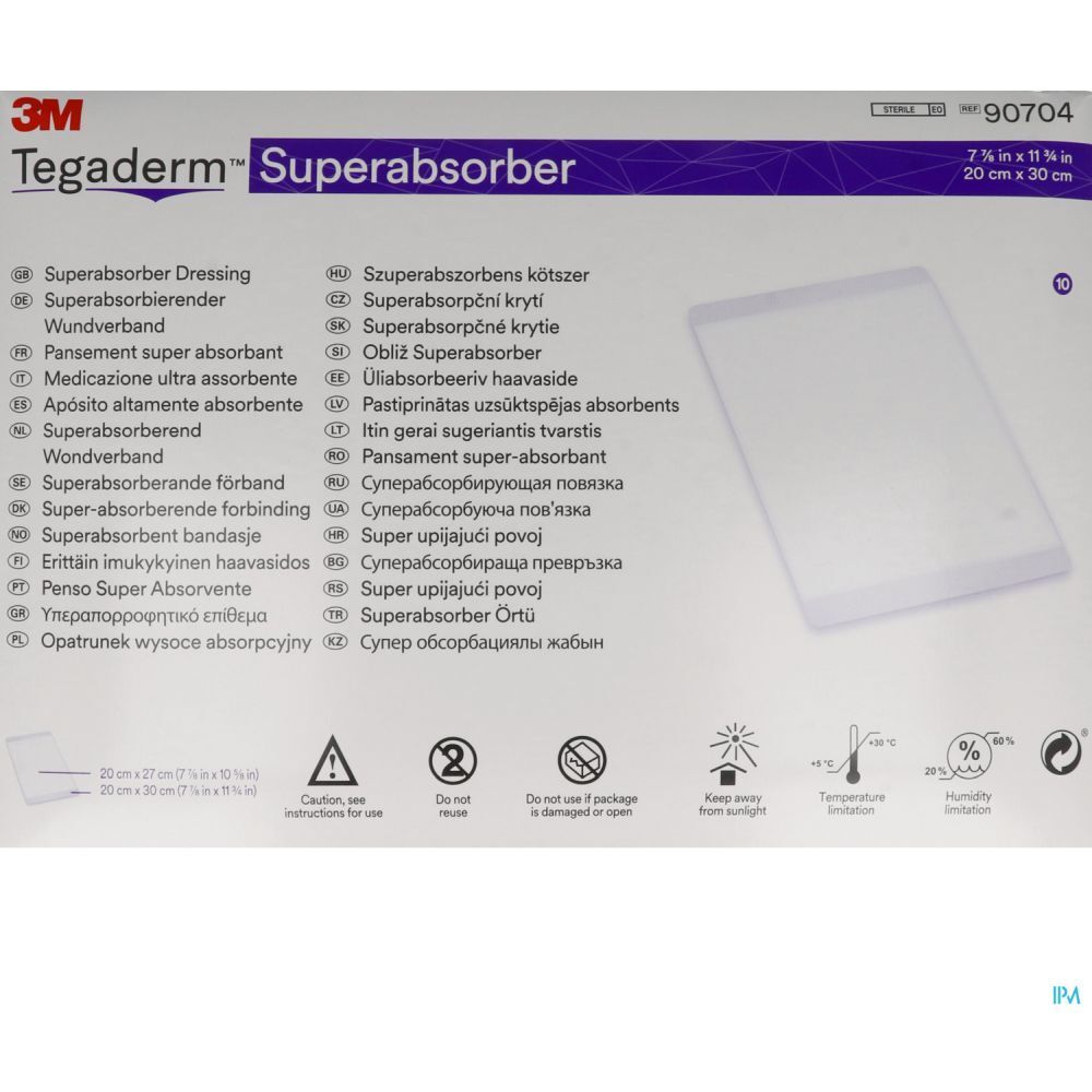 Emballage Tegaderm Superabsorber. Pansement rectangulaire 20 x 30 cm. Logo 3M, nom du produit et informations.