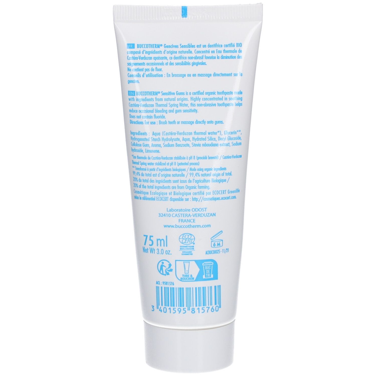 Buccotherm Gel Dentifrice à l'Eau Thermale Gencives Sensibles Sans Fluor Bio