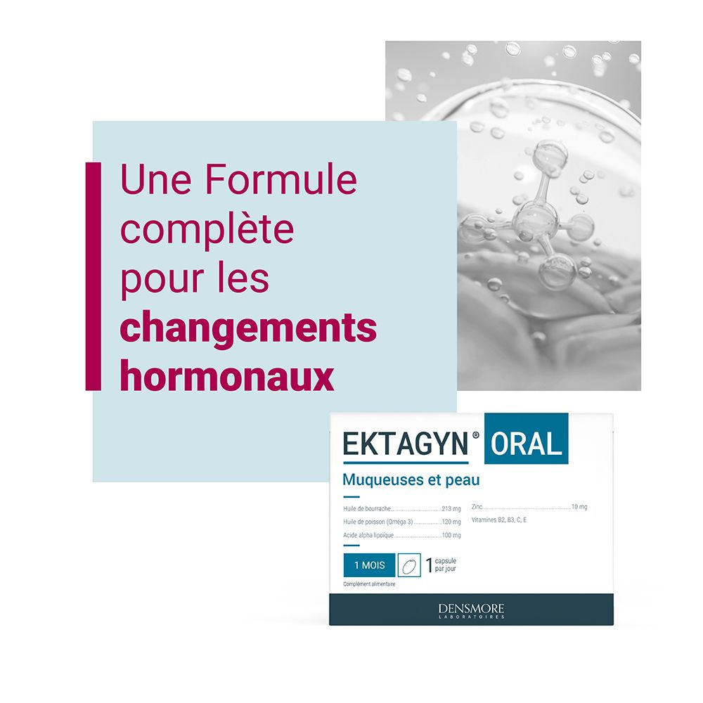 Graphique avec texte : Une formule complète pour les changements hormonaux. EKTAGYN® ORAL, Muqueuses et peau.