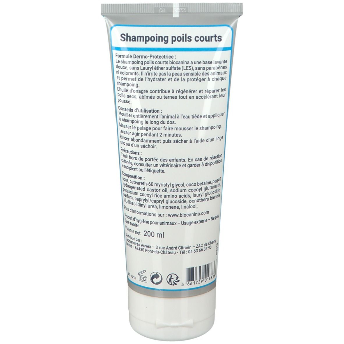 Dos du tube de shampooing pour poils courts. Texte: "Shampoing poils courts". Informations sur la composition et l'utilisation.