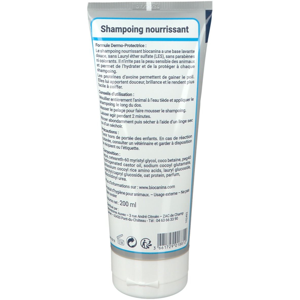 Dos du tube Shampooing Nourrissant. Texte en français. Ingrédients et instructions d'utilisation. 200 ml.