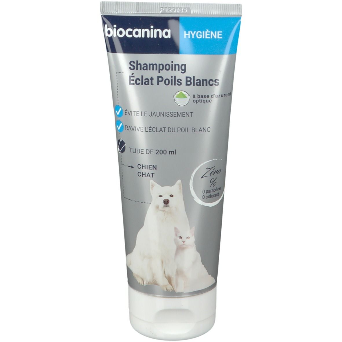 Tube de shampooing pour poils blancs. Chiens et chats représentés. Emballage bleu et blanc. Texte en français.