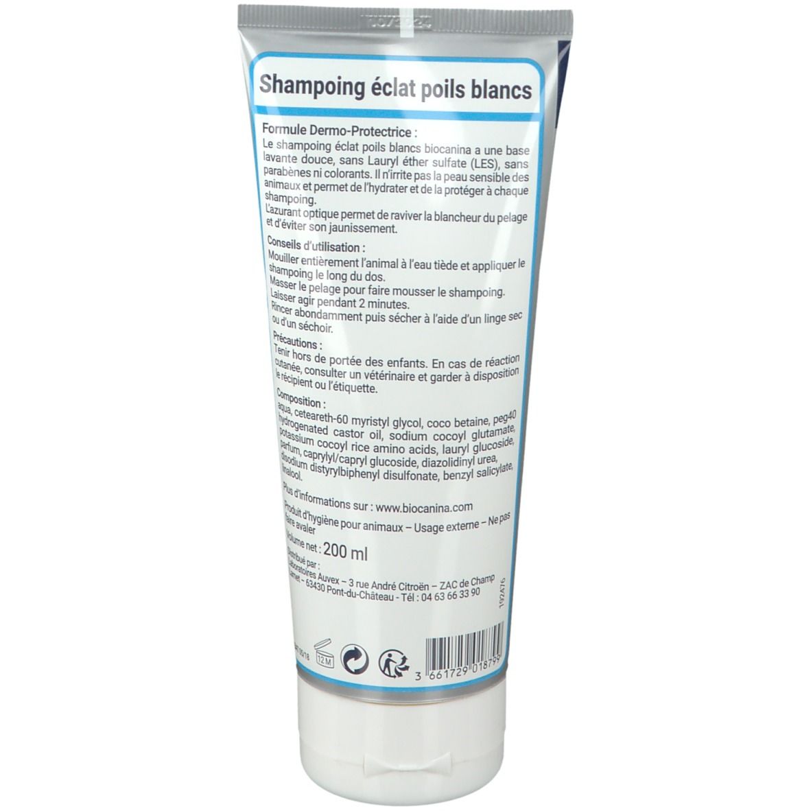 Dos du tube de shampooing. Texte en français. Ingrédients et instructions d'utilisation sont visibles.