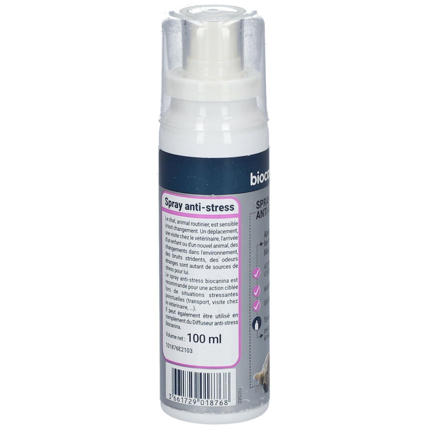 Flacon spray Biocanina Anti-Stress. Inscription: Spray Anti-Stress. Contient 100 ml.