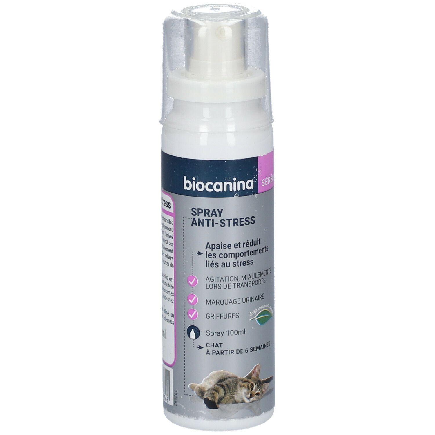Flacon spray Biocanina Anti-Stress. Inscription: Spray Anti-Stress. Pour chats. Contient 100ml. À partir de 6 semaines.