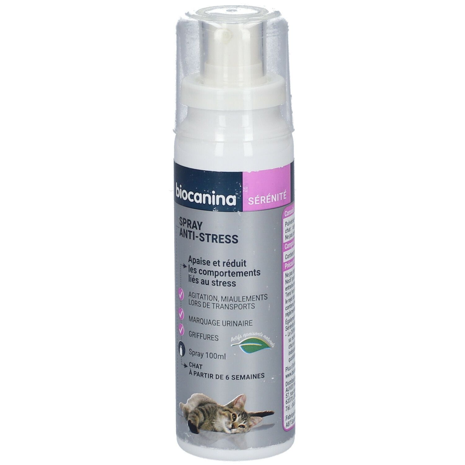 Flacon spray Biocanina Sérénité Anti-Stress. Inscription: Spray Anti-Stress. Pour chats.