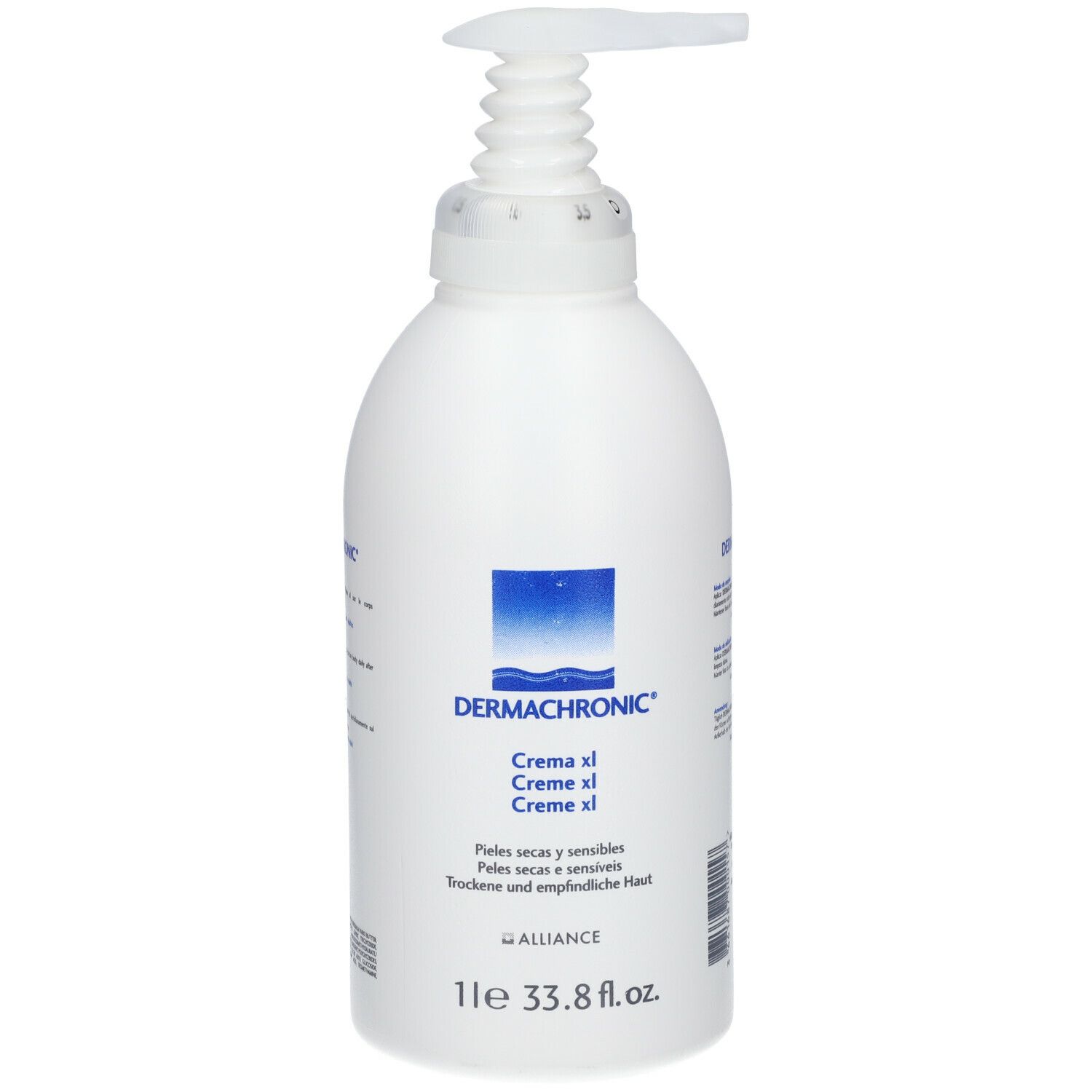 Flacon blanc avec pompe doseuse. Inscription: DERMACHRONIC Crème xl. Pour peaux sèches et sensibles. 1l.