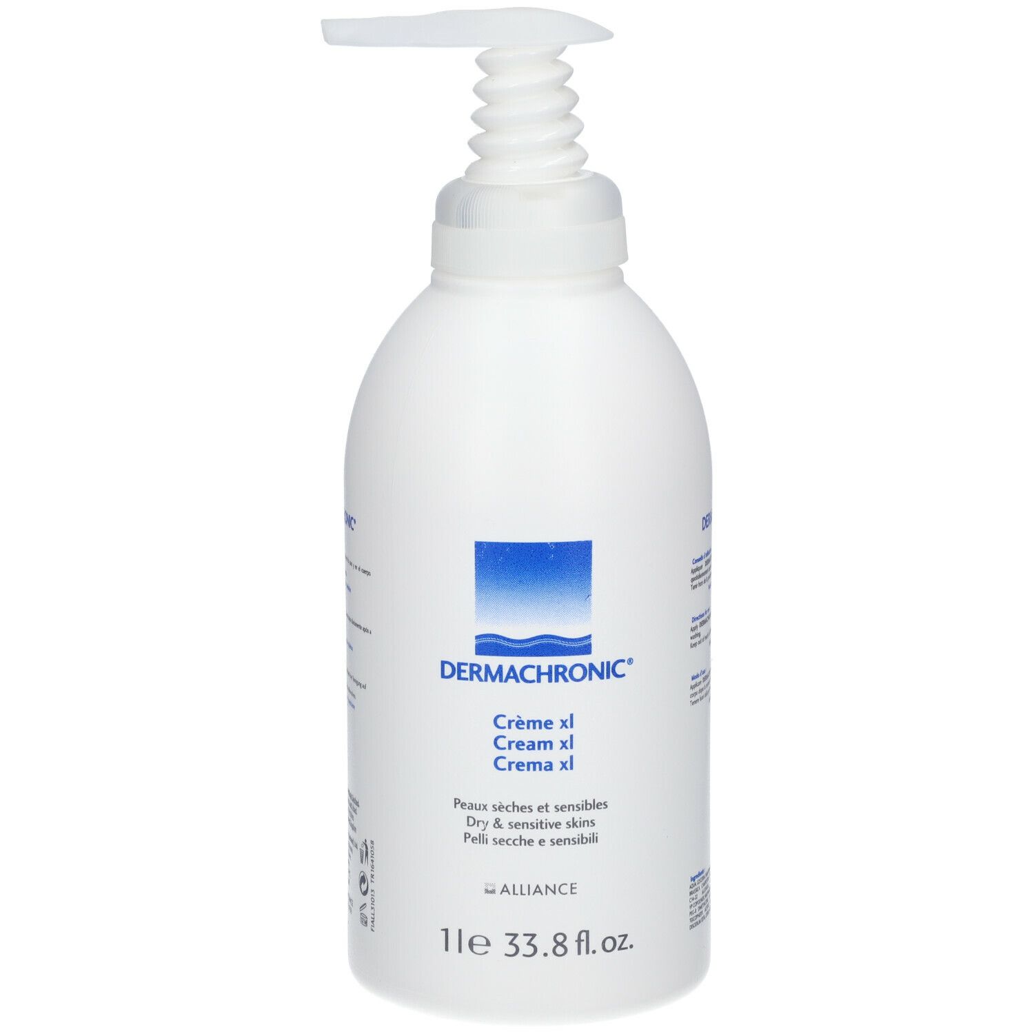 Flacon blanc avec pompe doseuse. Inscription: DERMACHRONIC Crème xl. Pour peaux sèches et sensibles. 1l.