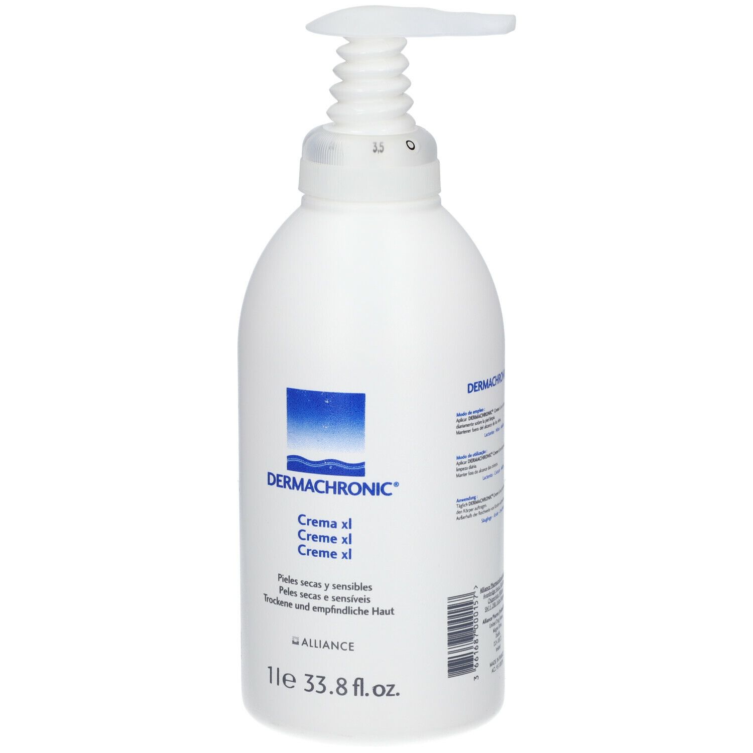 Flacon blanc avec pompe doseuse. Inscription: DERMACHRONIC Crème xl. Pour peaux sèches et sensibles. 1l.