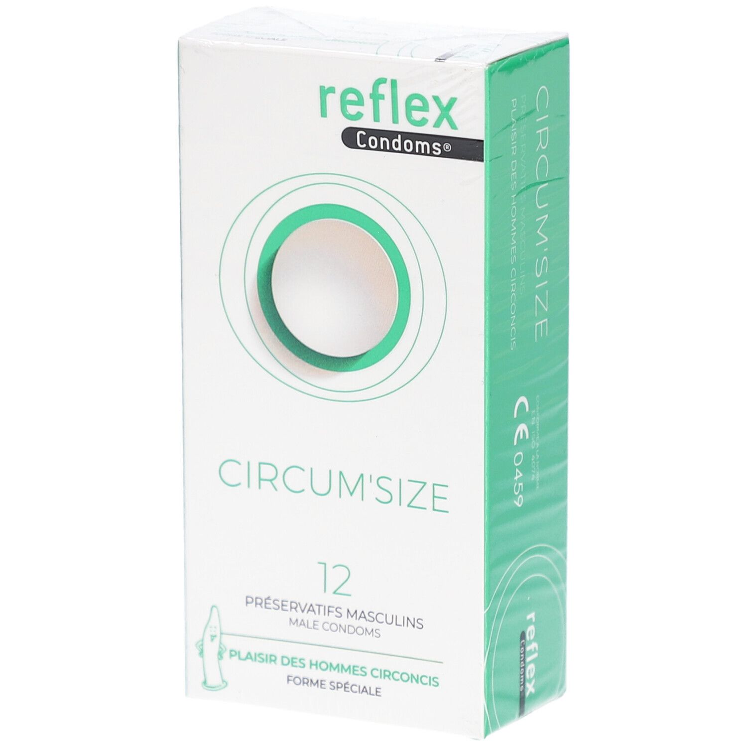 Boîte de préservatifs Reflex Circum'Size, 12 unités. Emballage blanc et vert avec marquage CE.