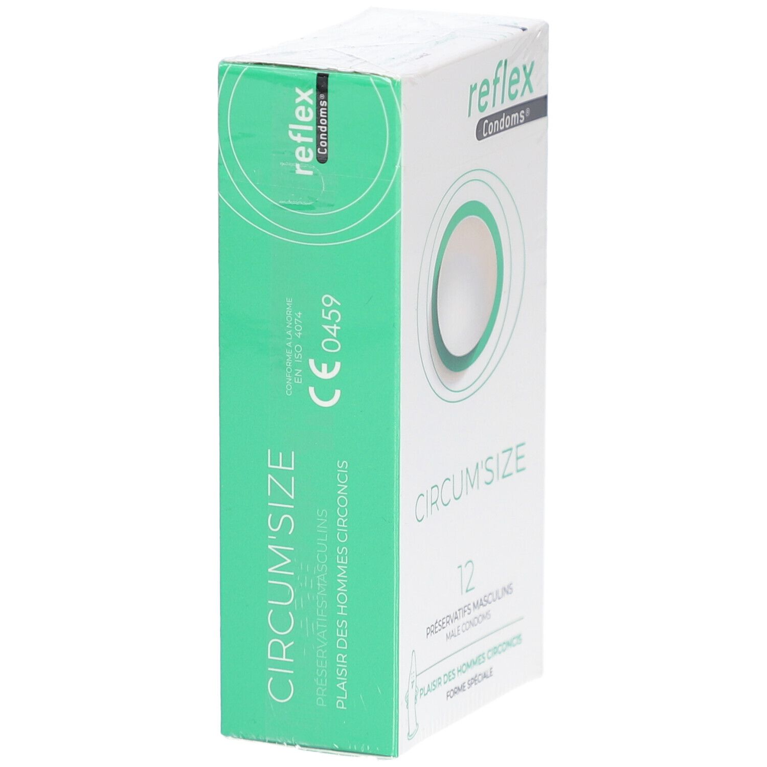 Boîte de préservatifs Reflex Circum'Size, 12 unités. Emballage vert et blanc, marquage CE.