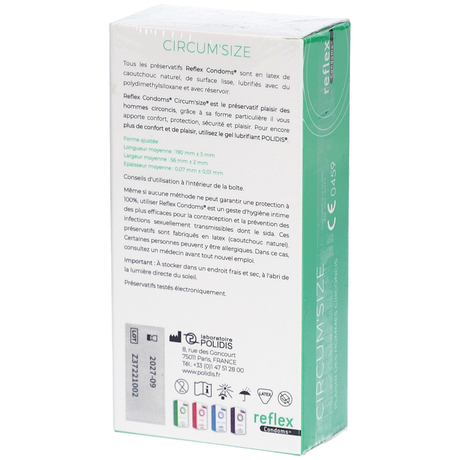 Dos de la boîte de préservatifs. Informations textuelles, marquage CE, adresse du fabricant, date de péremption.
