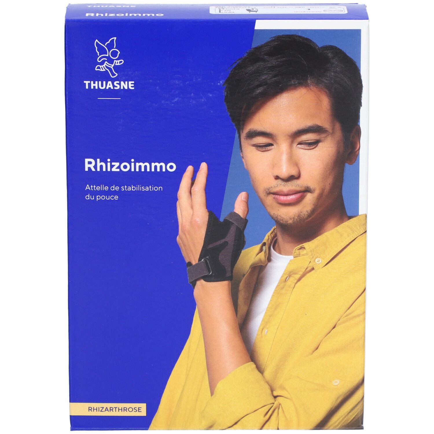 Boîte bleue avec image du produit. L'homme porte une orthèse de pouce. Marque : THUASNE. Texte : Rhizommo, Rhizarthrose.