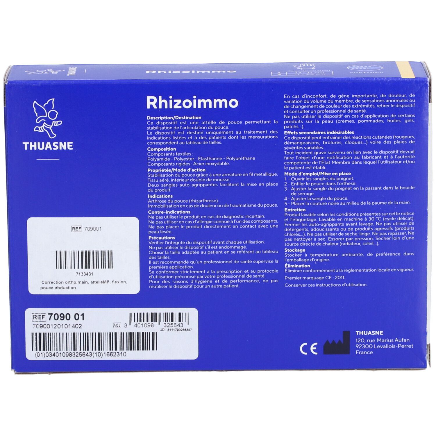 Boîte bleue avec texte et code-barres. Marque : THUASNE. Texte : Rhizommo. Marquage CE. Informations produit et mode d'emploi.