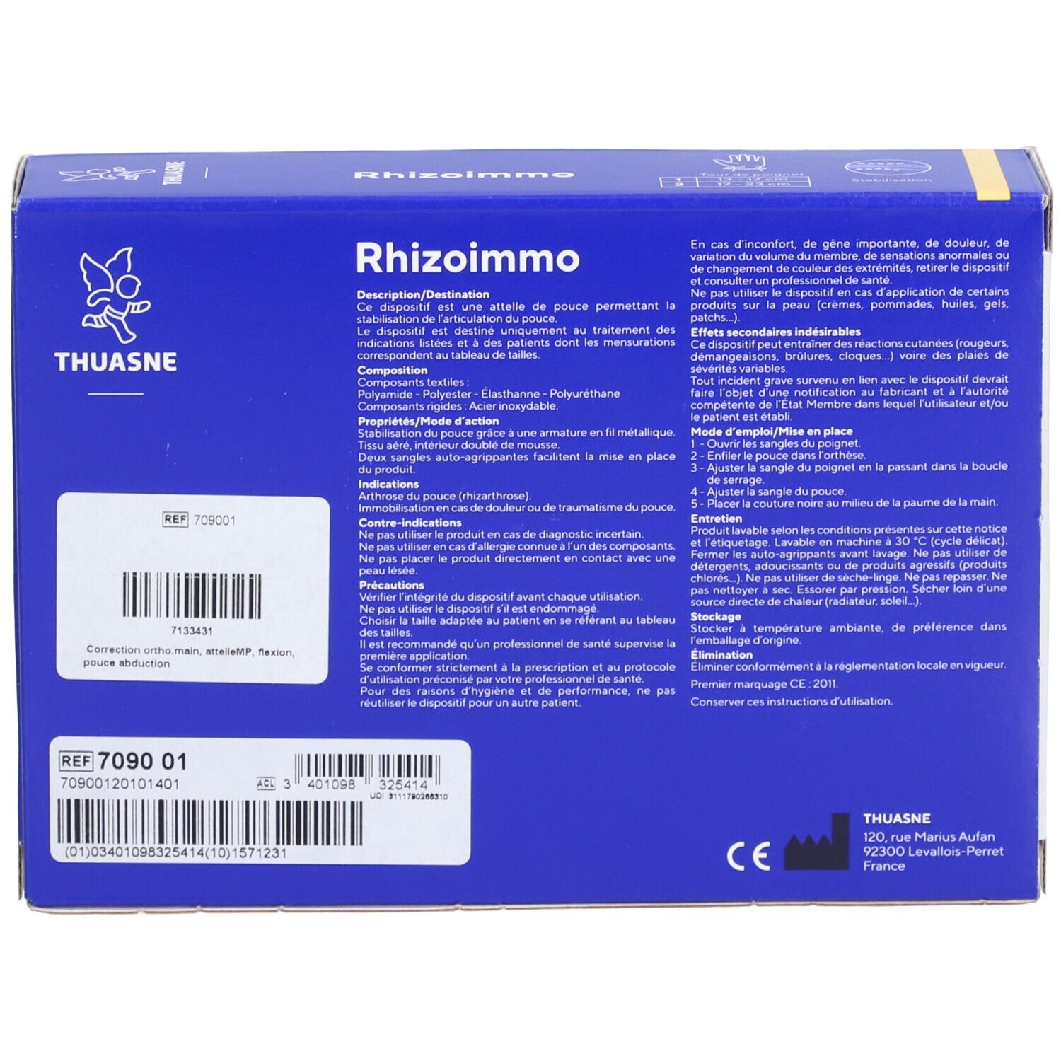 Emballage produit bleu. Texte: RHIZOIMMO. Marque THUASNE. Contient informations produit, instructions et marquage CE.