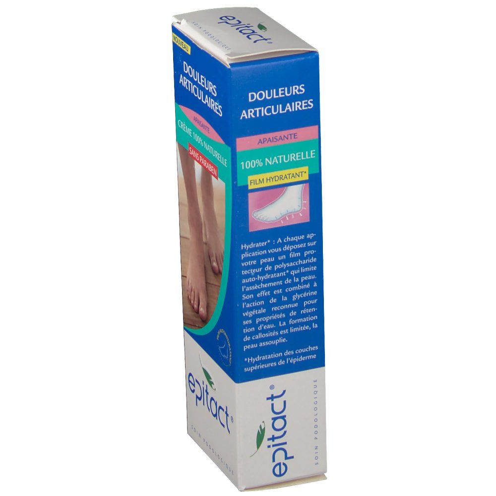 Boîte de crème epitact® pour douleurs articulaires. Boîte bleue et blanche avec informations produit et image de pieds.