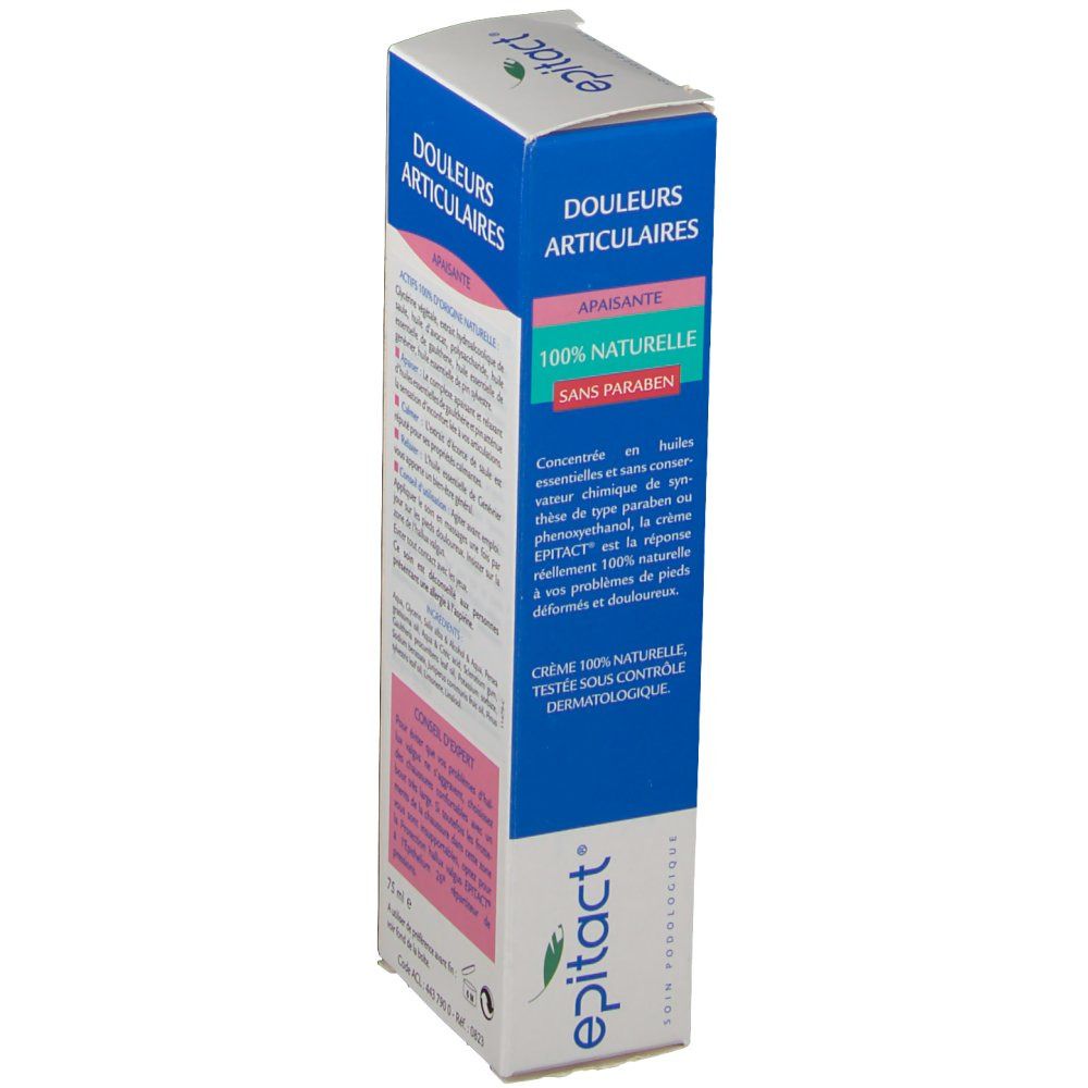 Emballage de la crème epitact®. Boîte bleue et blanche avec informations produit. Texte en français. Testé dermatologiquement.