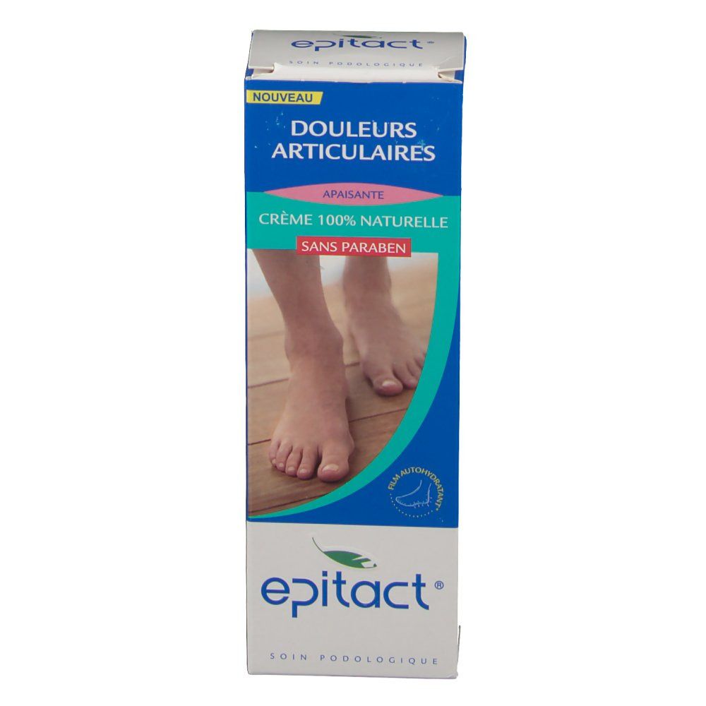 Emballage de la crème epitact®. Boîte bleue et blanche avec informations produit et image de pieds. Mention 'Nouveau'.