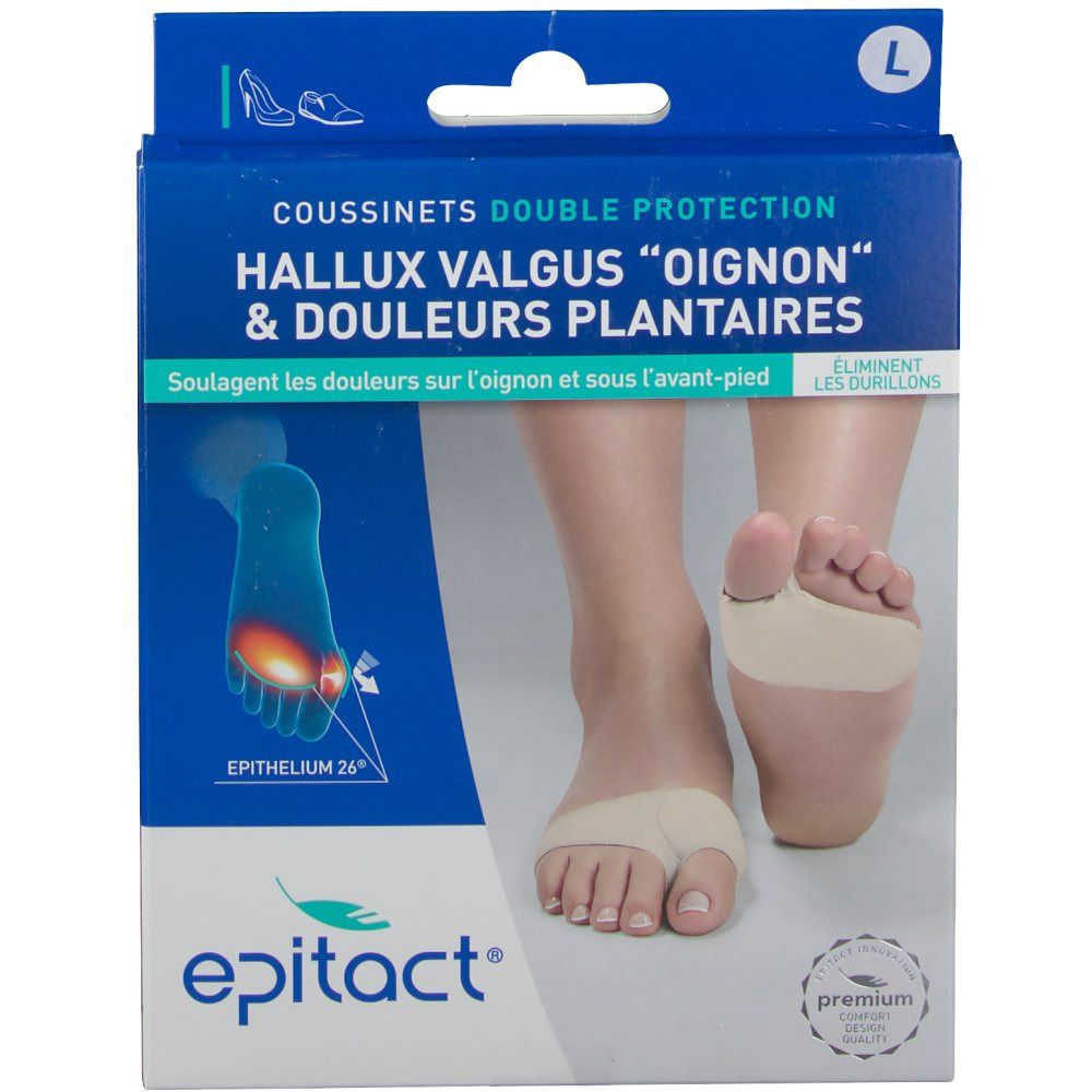 Boîte de coussinets double protection Epitact. Texte : Hallux Valgus & douleurs plantaires. Pied avec coussinet. Label premium.