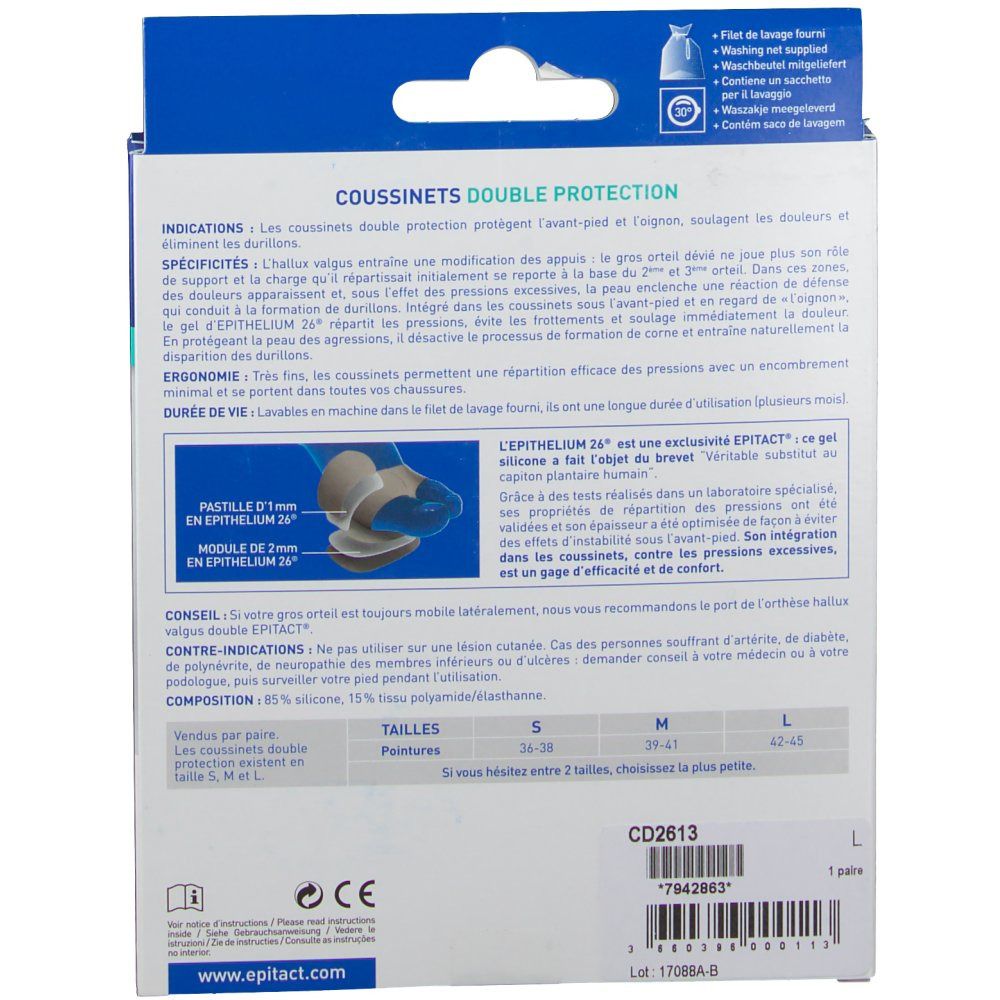 Dos de la boîte. Texte : Coussinets Double Protection. Tailles : S, M, L. Composition. Marque CE.