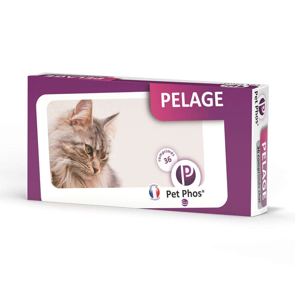 Boîte de PET - phos pelage chat. Violet et blanc, chat, texte PELAGE, 36 comprimés, Pet Phos.