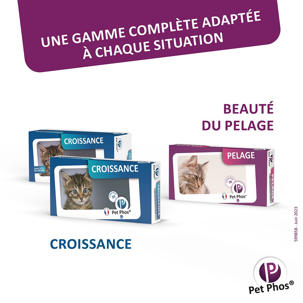 Trois boîtes: Croissance, Croissance, PELAGE. Texte: Croissance, Beauté du pelage. Logo Pet Phos.