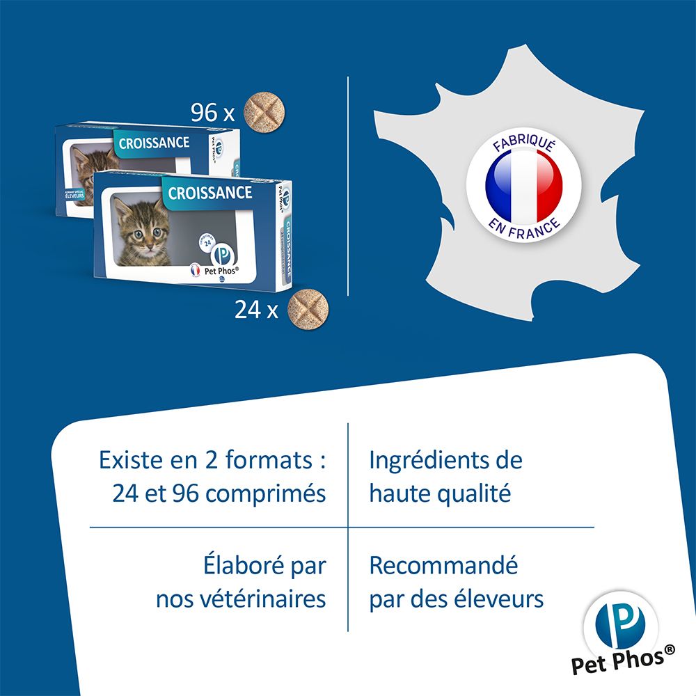 Deux formats: 24 et 96 comprimés. Fabriqué en France. Ingrédients de haute qualité. Recommandé par les éleveurs.