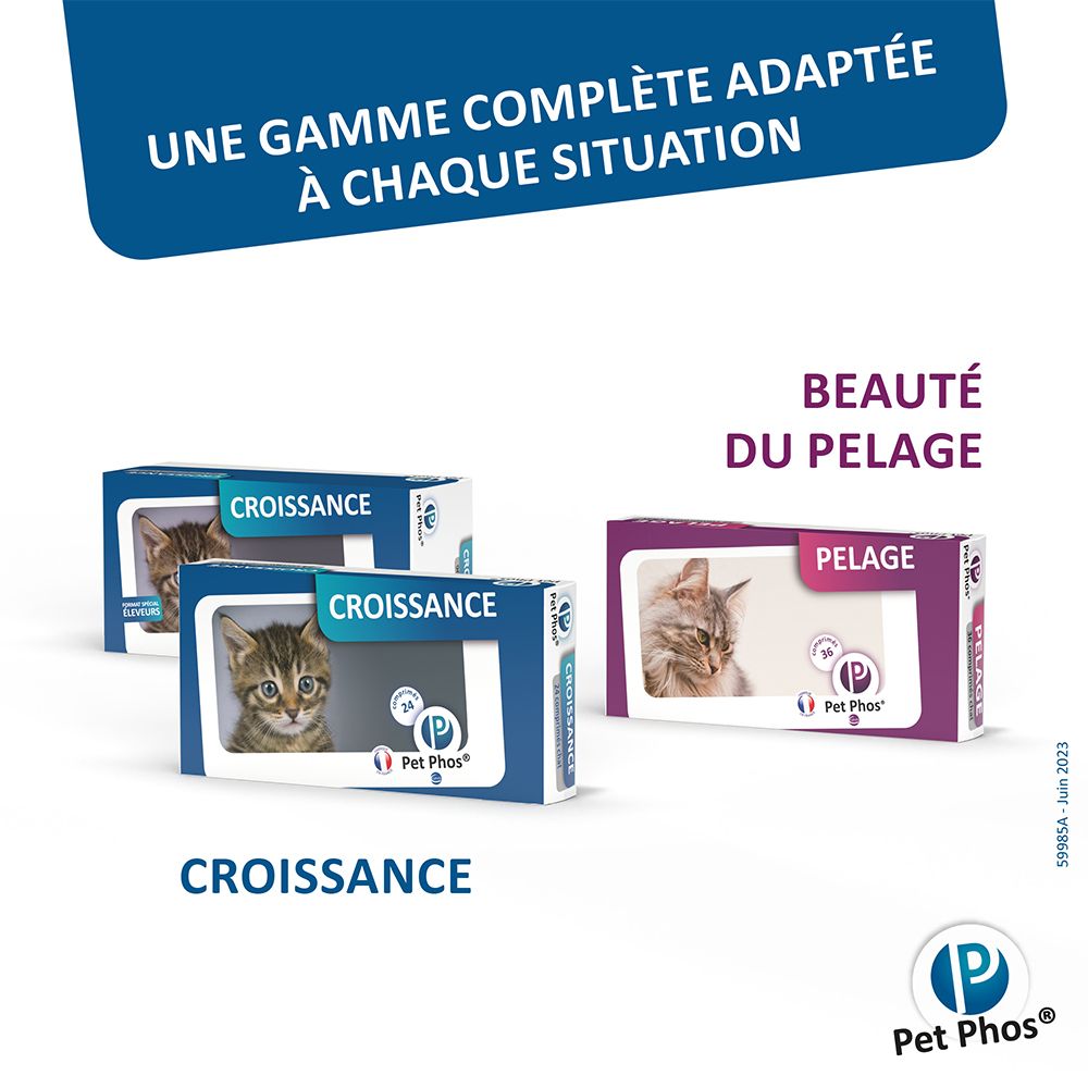Gamme complète adaptée à chaque situation. Croissance, beauté du pelage. Nom du produit Pet Phos® Croissance.