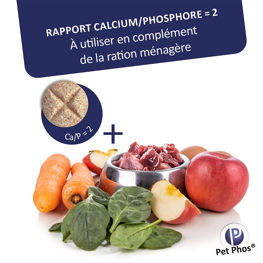 Comprimé à côté de légumes et viande dans un bol. Texte: Rapport Calcium/Phosphore = 2. Logo Pet Phos®.