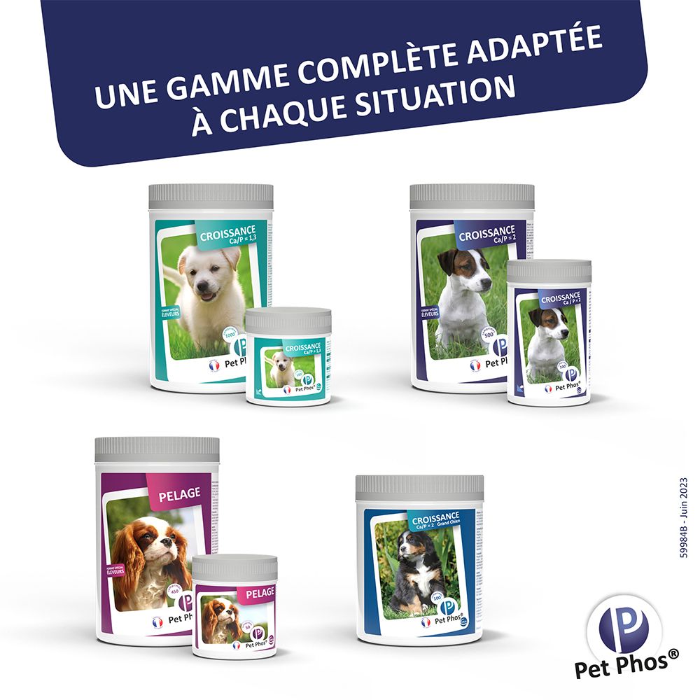 Plusieurs boîtes de comprimés. Texte: Une gamme complète adaptée à chaque situation. Logo Pet Phos®.
