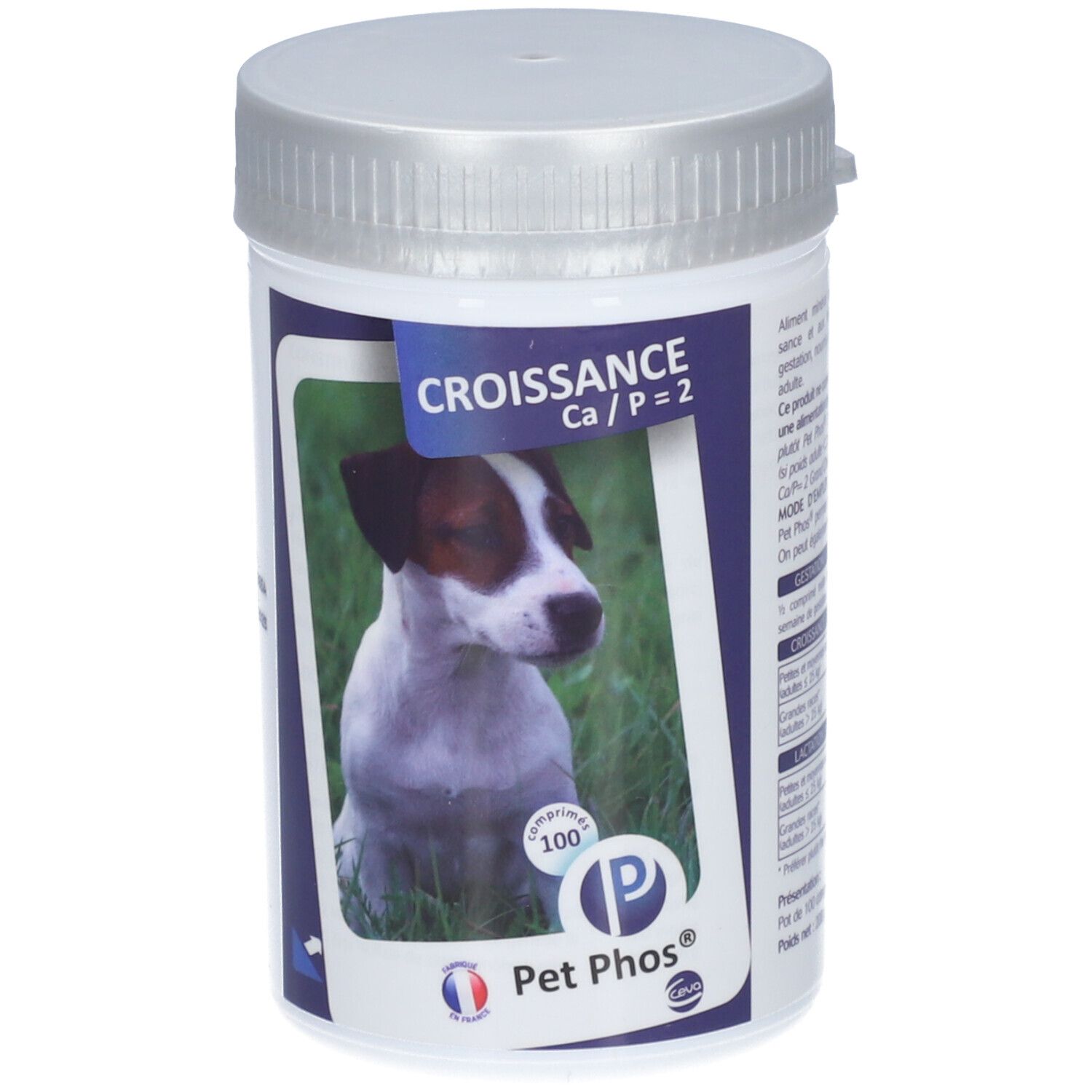 Flacon blanc avec couvercle argenté. Étiquette avec chien, texte: Croissance Ca/P=2, Pet Phos®.