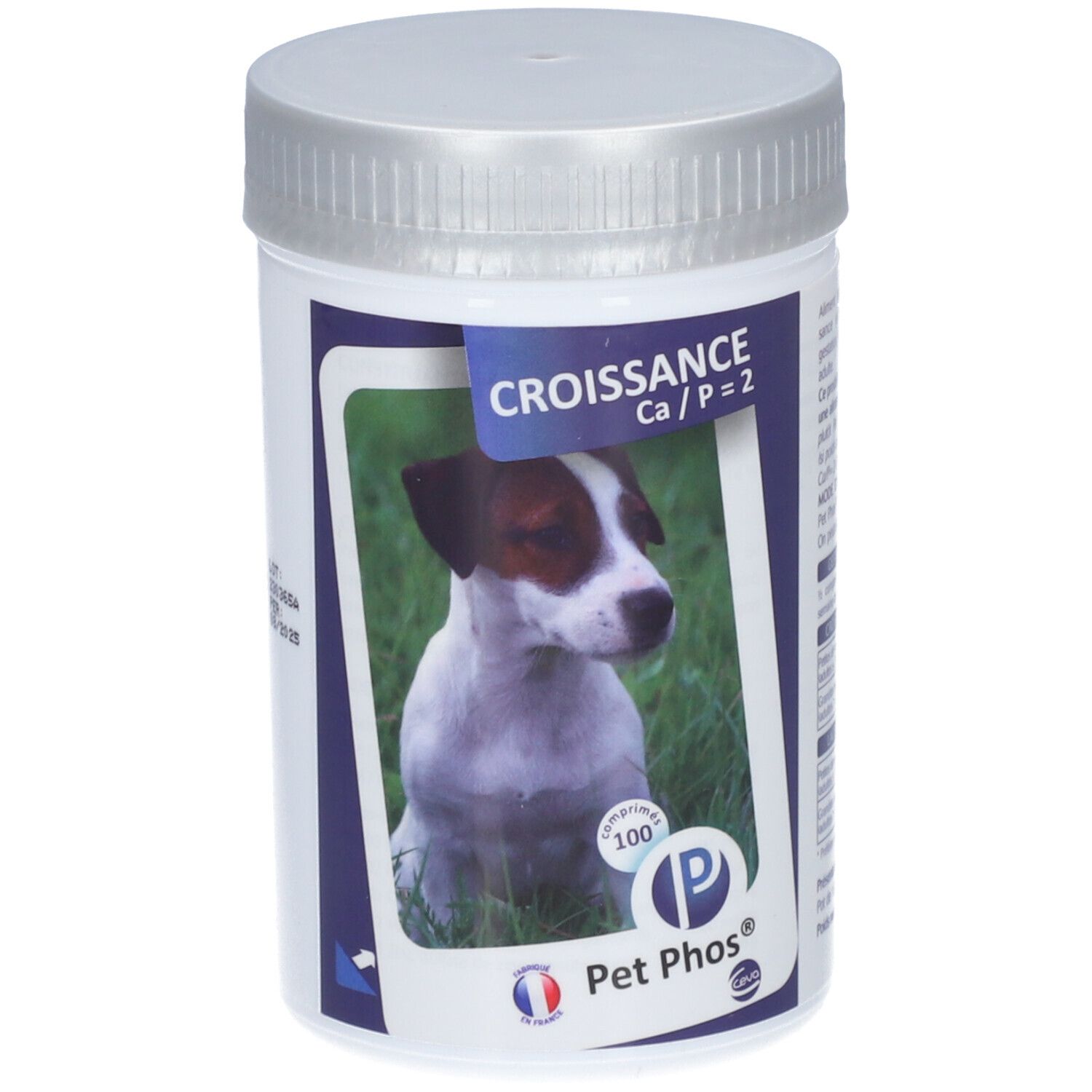 Flacon blanc avec couvercle argenté. Étiquette avec chien, texte: Croissance Ca/P=2, Pet Phos®.