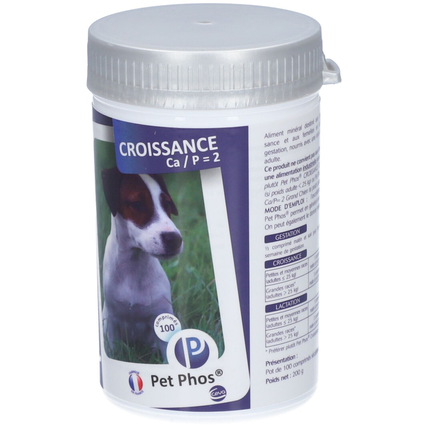 Flacon blanc avec couvercle argenté. Étiquette avec chien, texte: Croissance Ca/P=2, Pet Phos®.