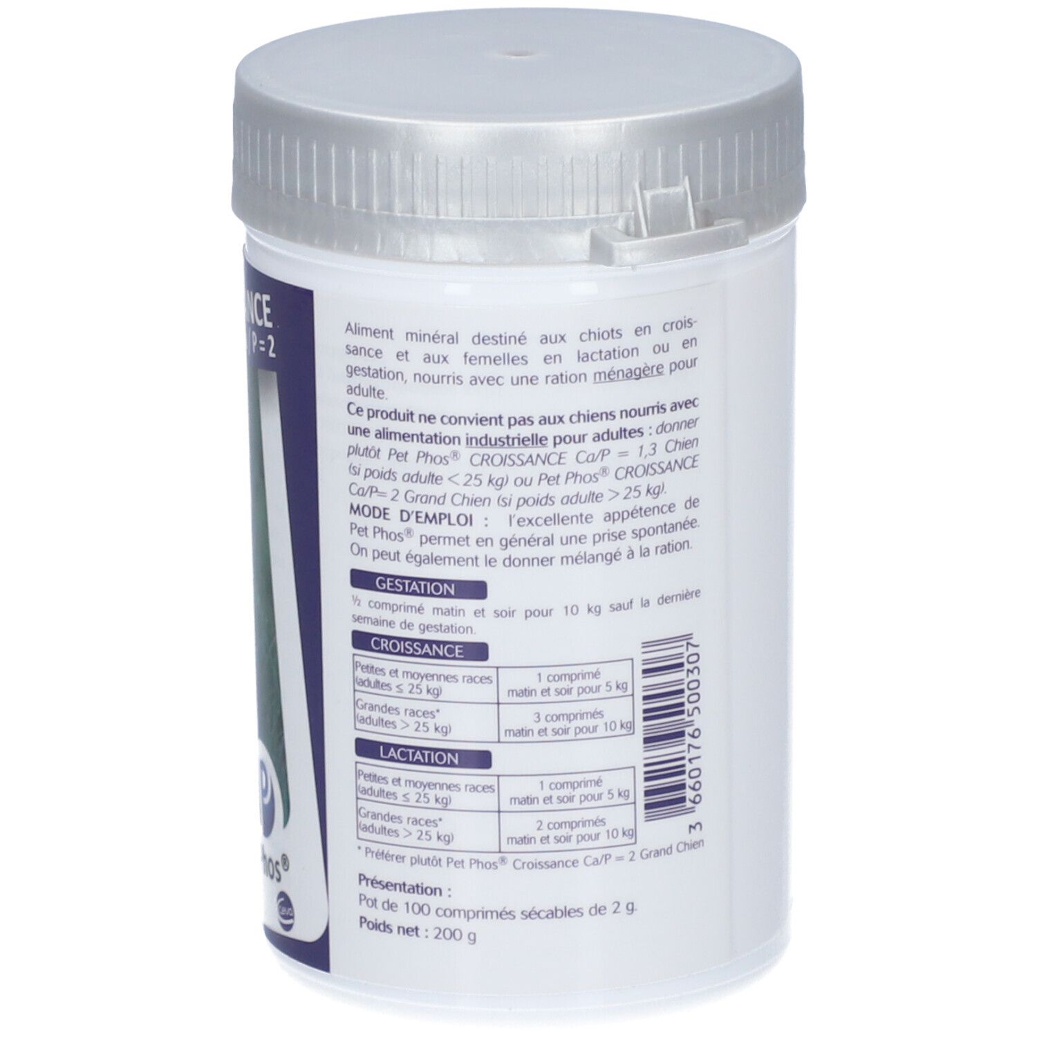 Flacon blanc avec couvercle argenté. Étiquette avec texte, Croissance Ca/P=2, Pet Phos®.