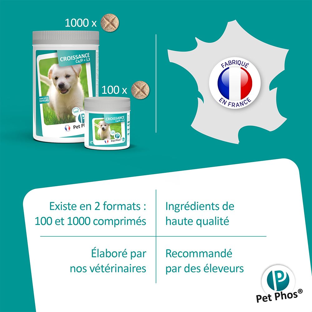 Deux tailles de boîtes Pet Phos Croissance. Fabriqué en France.