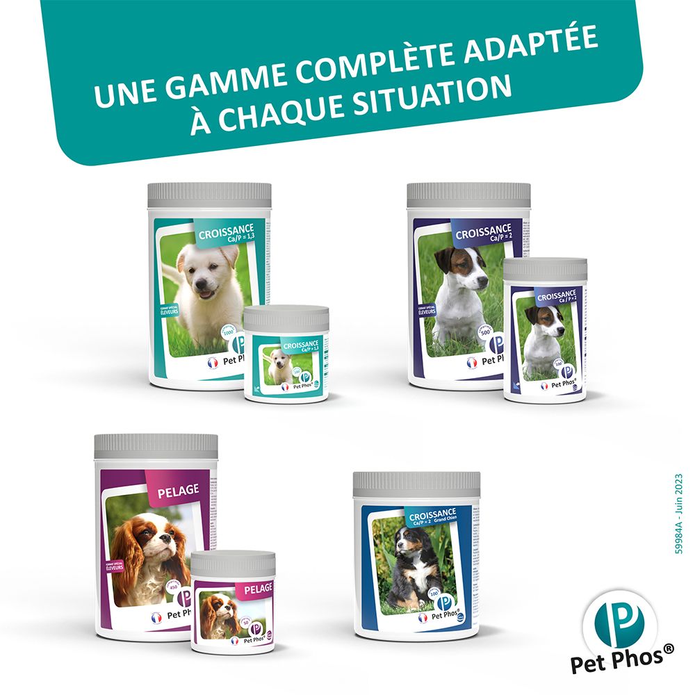 Plusieurs produits Pet Phos Croissance Ca/P=1,3. Texte: Une gamme complète adaptée à chaque situation. Logo Pet Phos.