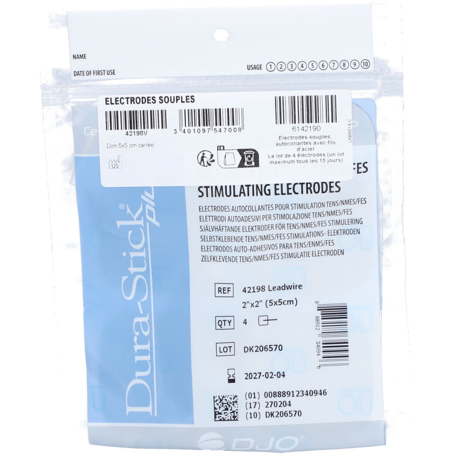 DURA STICK PLUS FIL - Electrode autocollante repositionnable et réutilisable, souple, carr